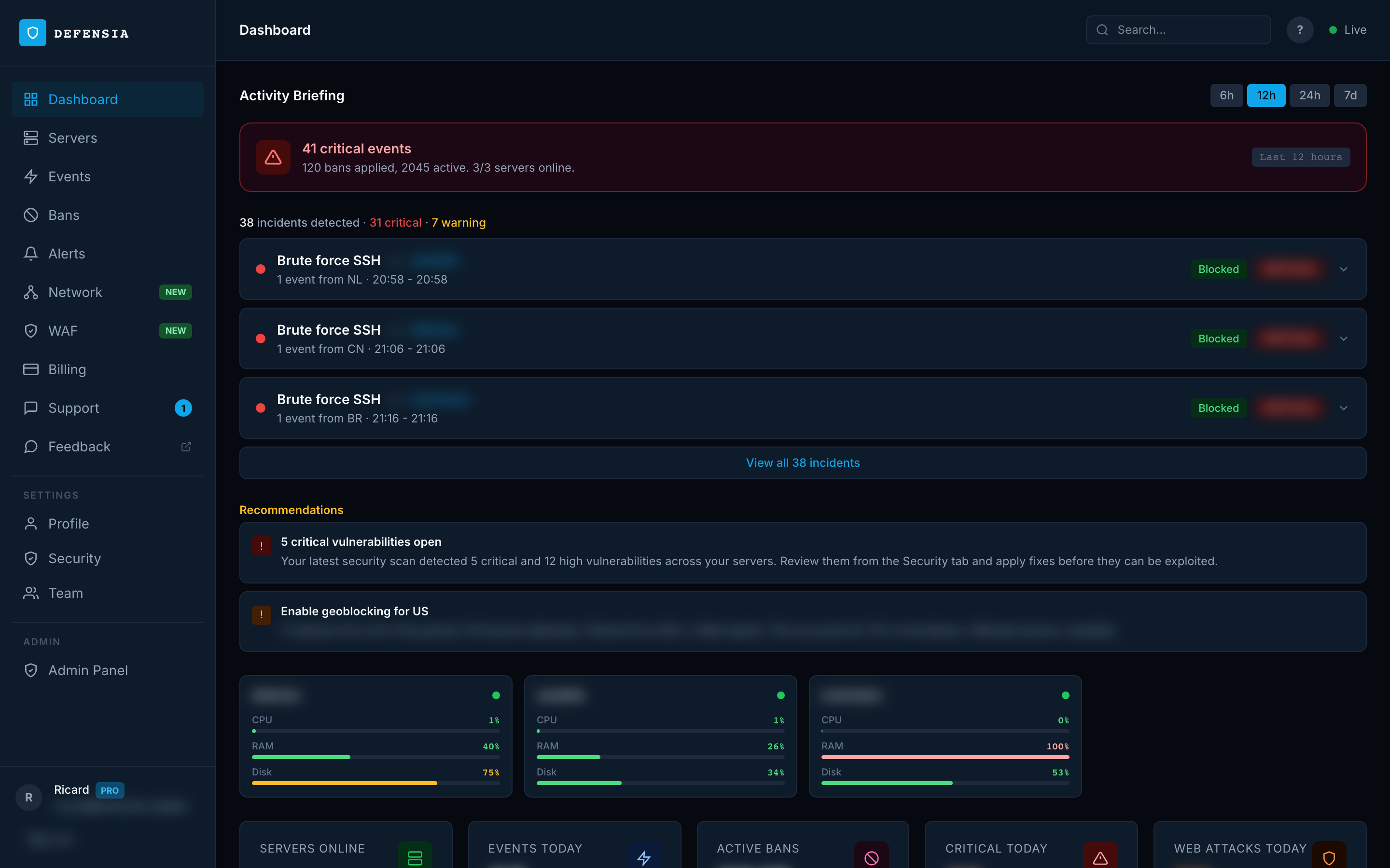 Defensia dashboard — real-time attack monitoring